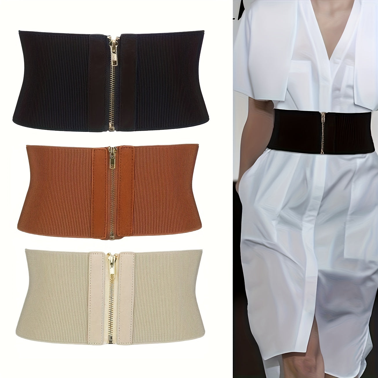 Женский винтажный широкий эластичный пояс однотонного цвета с корсетным стяжкой и молнией
