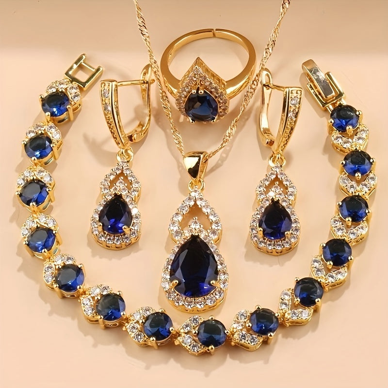 5-Piece Jewelry Set Teardrop Earrings Pendant Bracelet Ring Necklace Gold Plated Copper Gift for Her