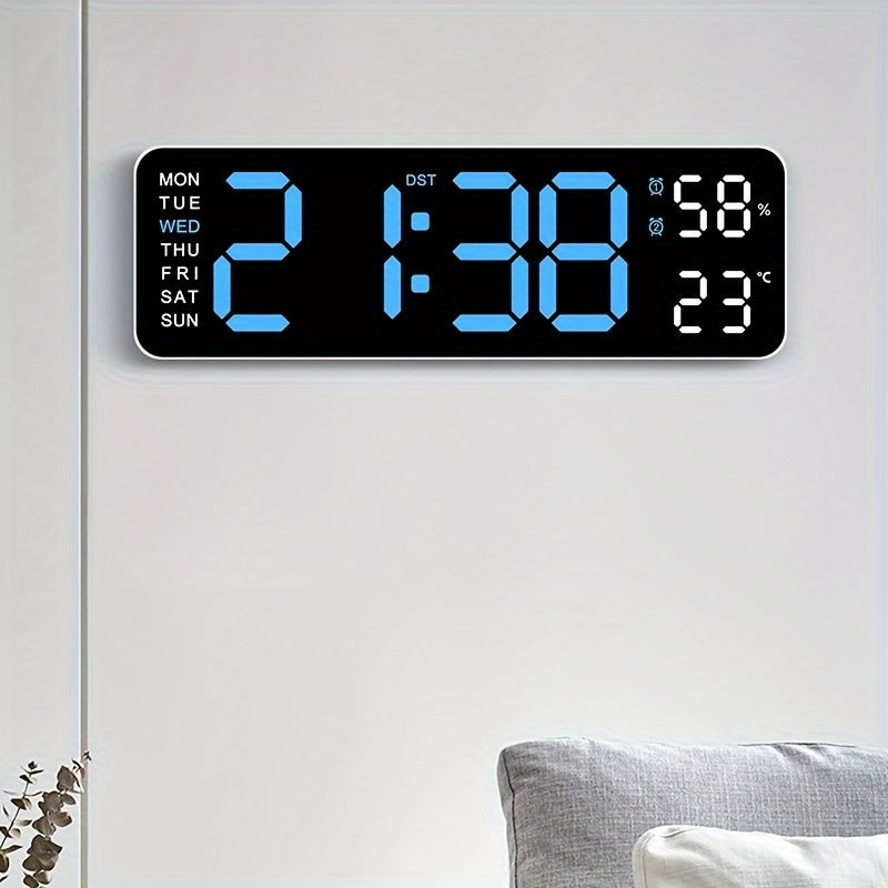 Large Digital Wall Clock with Dual Alarm Temperature Humidity Date Display
