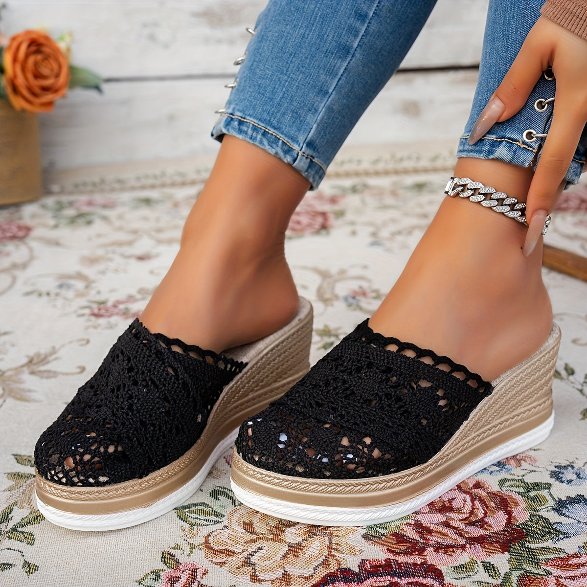 Women's Bohemian Slip-On Sandals with Cushioned PU Sole and Lace Cutouts