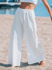 Plus Size Women's Wide Leg Pants Solid Color High-Waisted Flowy Beach Casual