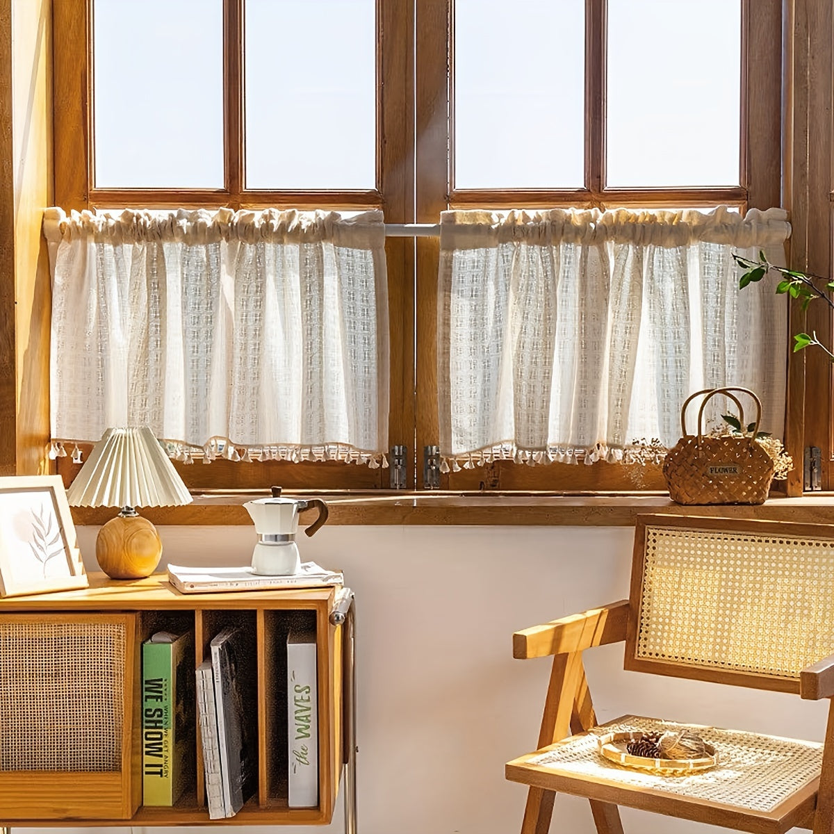 Beige Plaid Tassel Curtain with Rod Pocket for Kitchen Living Room Bedroom