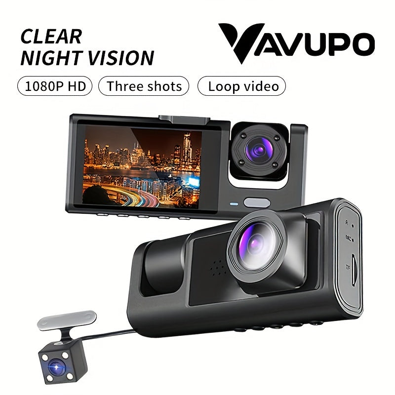 3-Channel Dash Cam with IR Night Vision 1080P HD Front Rear Loop Playback Wide Angle Display