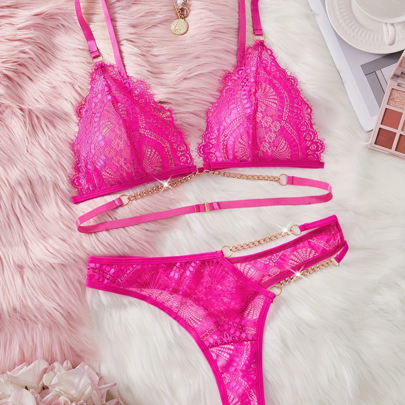 Women's Lace Lingerie Set with Pink and Blue Sheer Nylon and Metal Chain Details