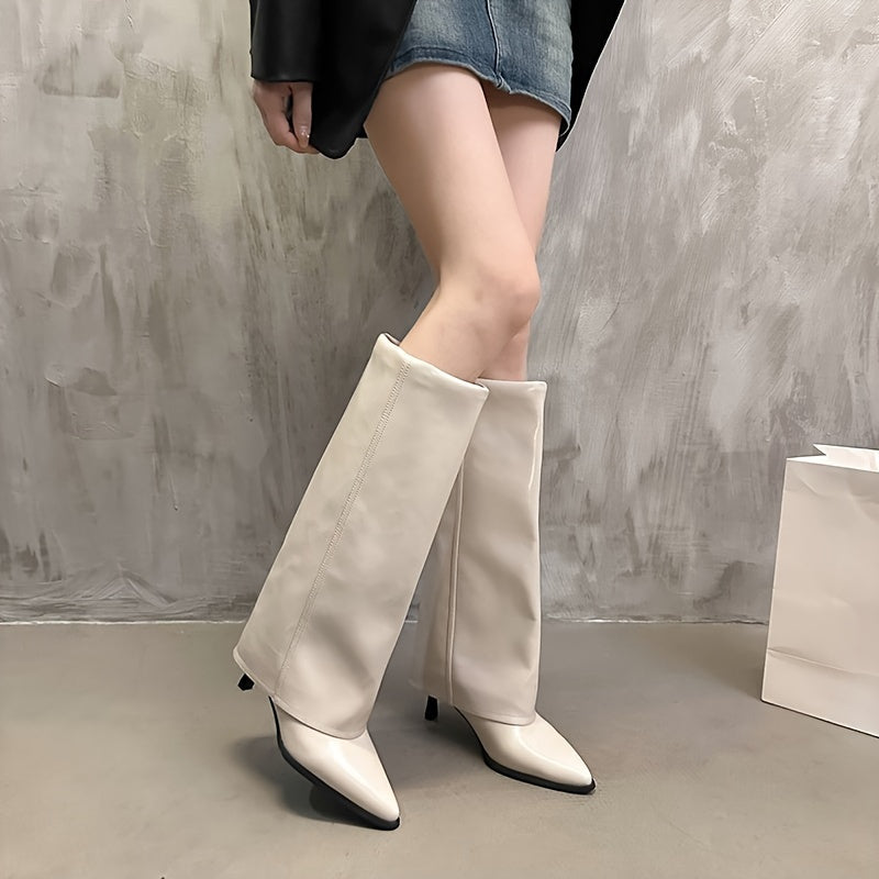 Women's Mid-Calf Stiletto Boots in Black Cream and Brown with PU Cover and Rubber Sole