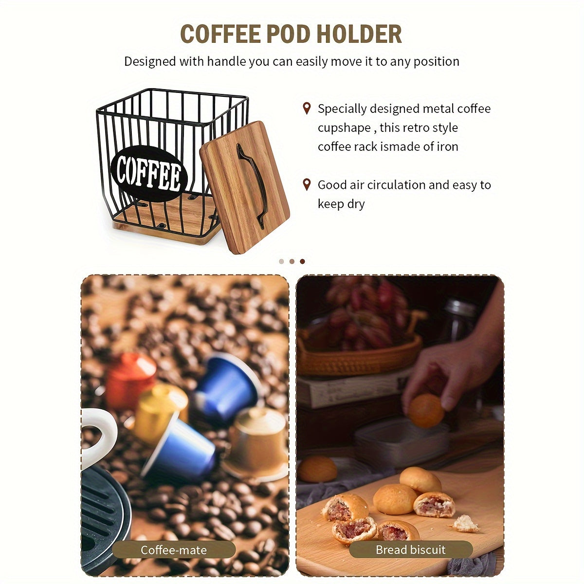 Black Wire and Wood Coffee Pod Holder with Lid for K-Cups and Tea Bags