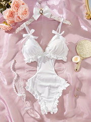 Сексуальный боди без спинки с глубоким V-образным вырезом и бантовыми плечевыми ремнями, милый дизайн.