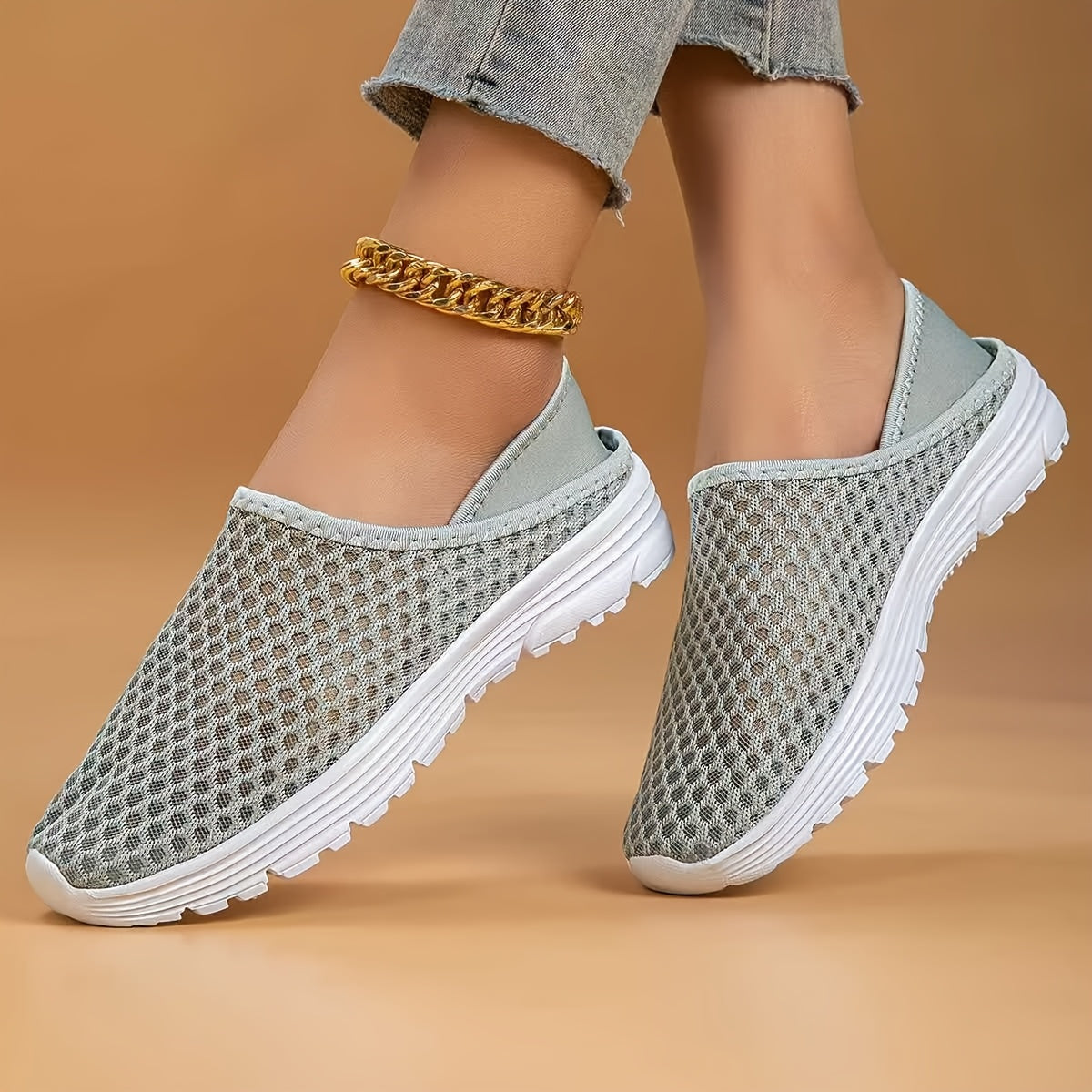 White Mesh Slip-On Walking Shoes with Stability Support for Summer