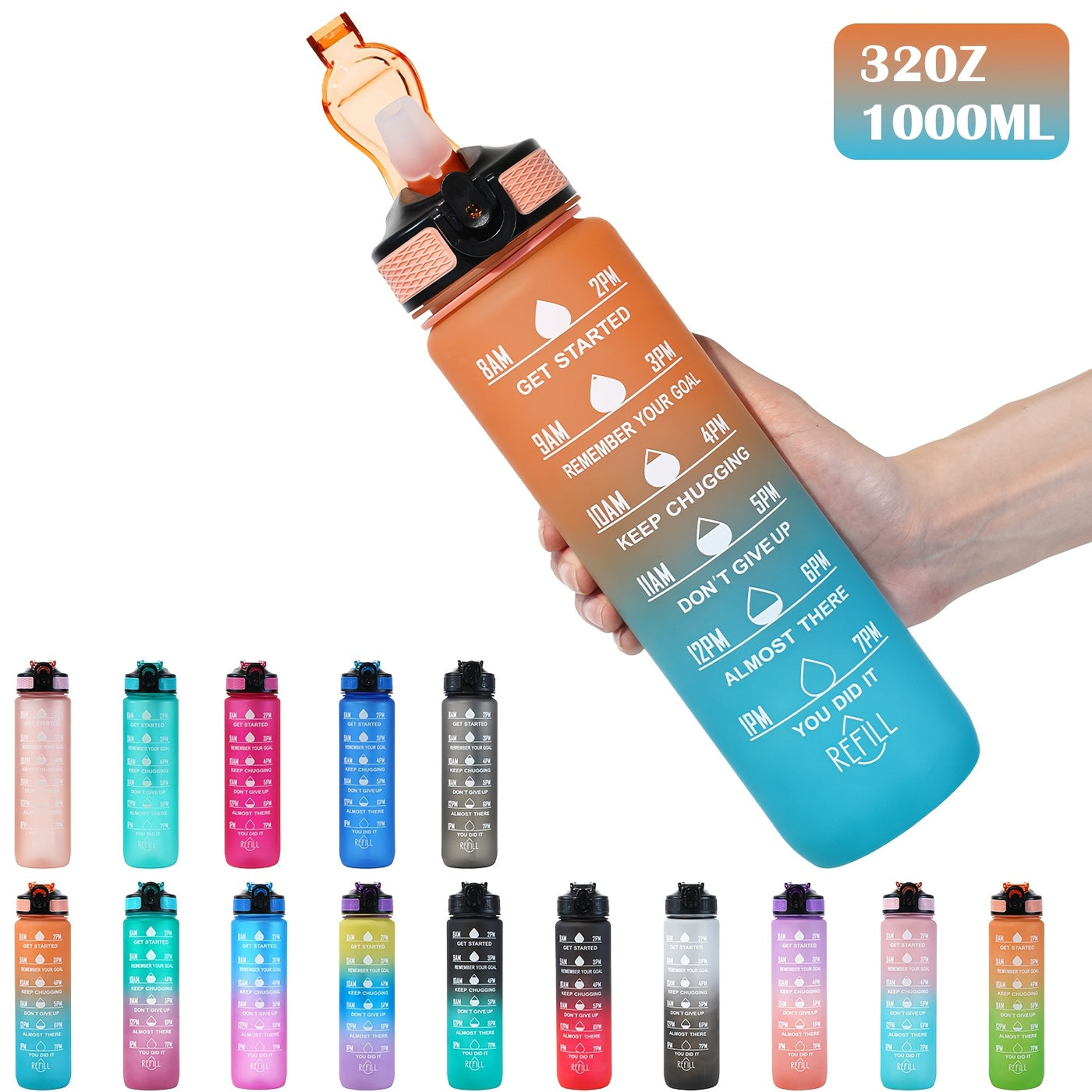 32oz Leak-Proof Gradient Water Bottle with Carry Strap for Hiking and Active Use