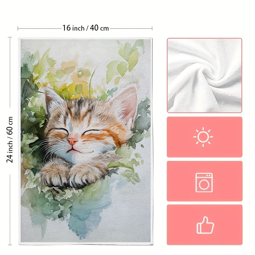 Set of 2 Ultra Soft Kitchen Towels with Kitten Design, 40x60 cm, Absorbent, Easy to Clean