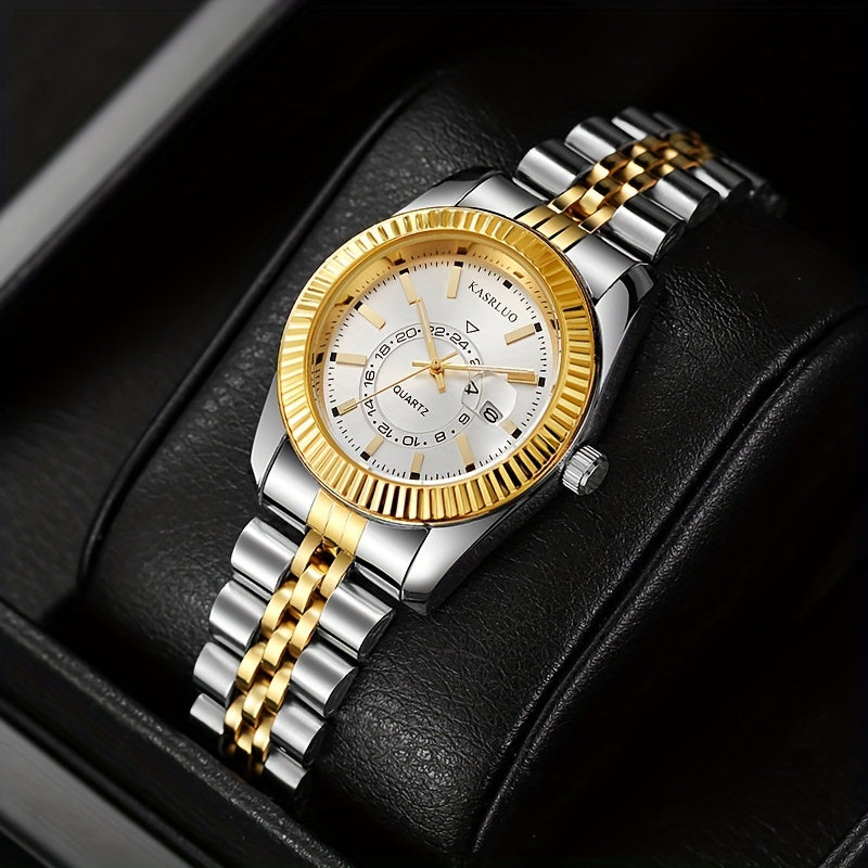 Women's Gold-Tone Quartz Watch with Date Display Roman Numerals Alloy Case Stainless Steel Band