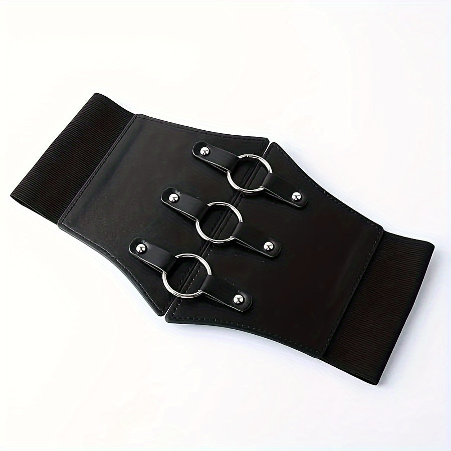 Women's Punk Rivet Studded Corset Belt Elastic PU Leather Waistband for Dress or Coat