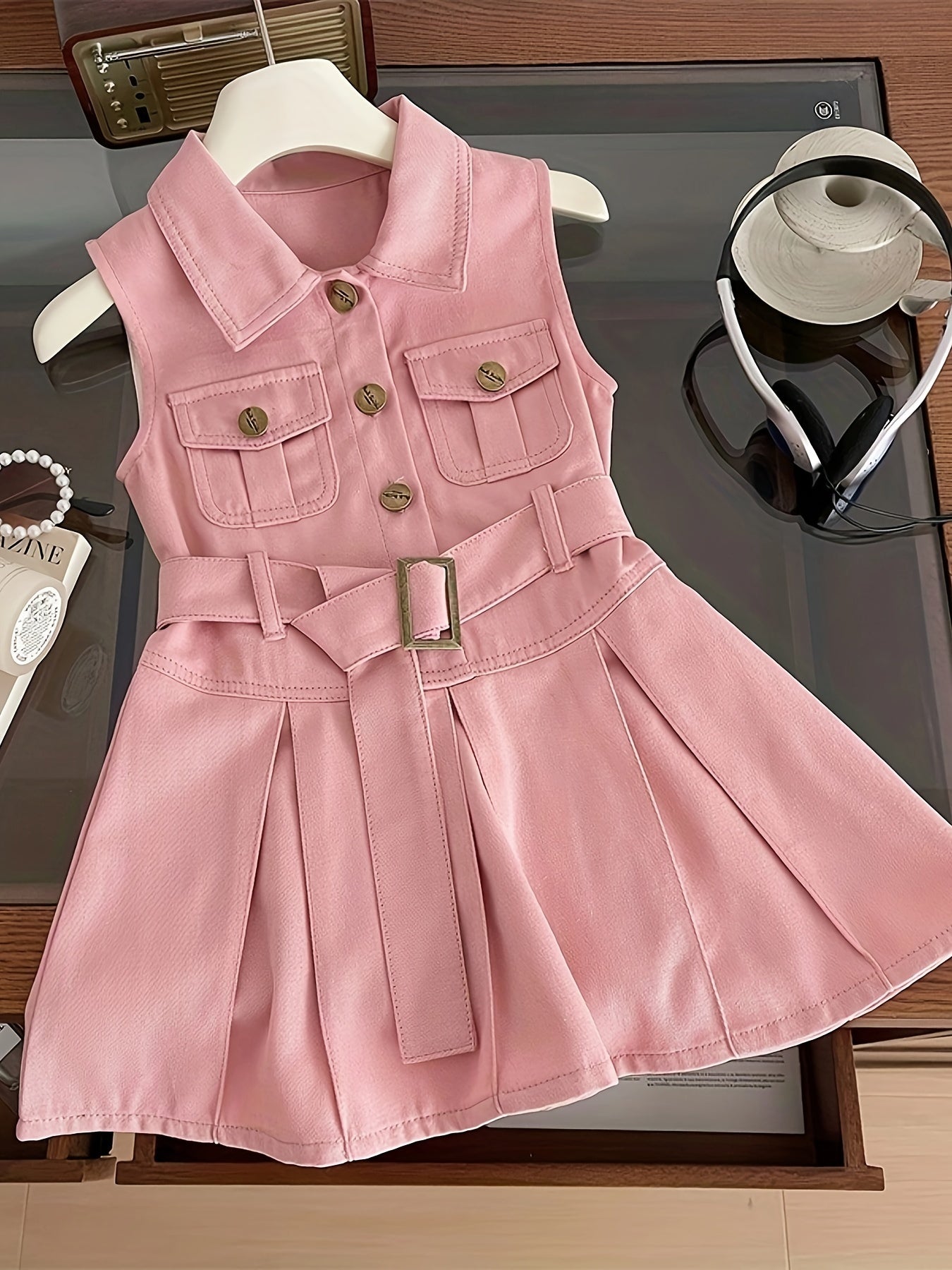 Girls Summer Denim Skirt Knee Length Sleeveless Waist-Cinched Collar Casual Non-Stretch