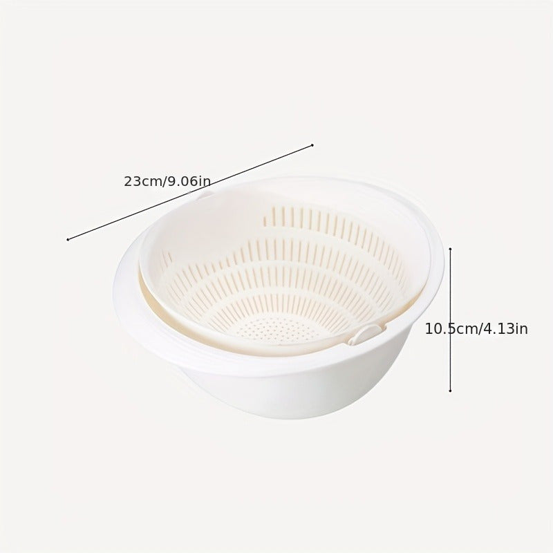 Single piece colander with two-tiered draining basket rotating plastic strainer reusable washing basket for kitchen