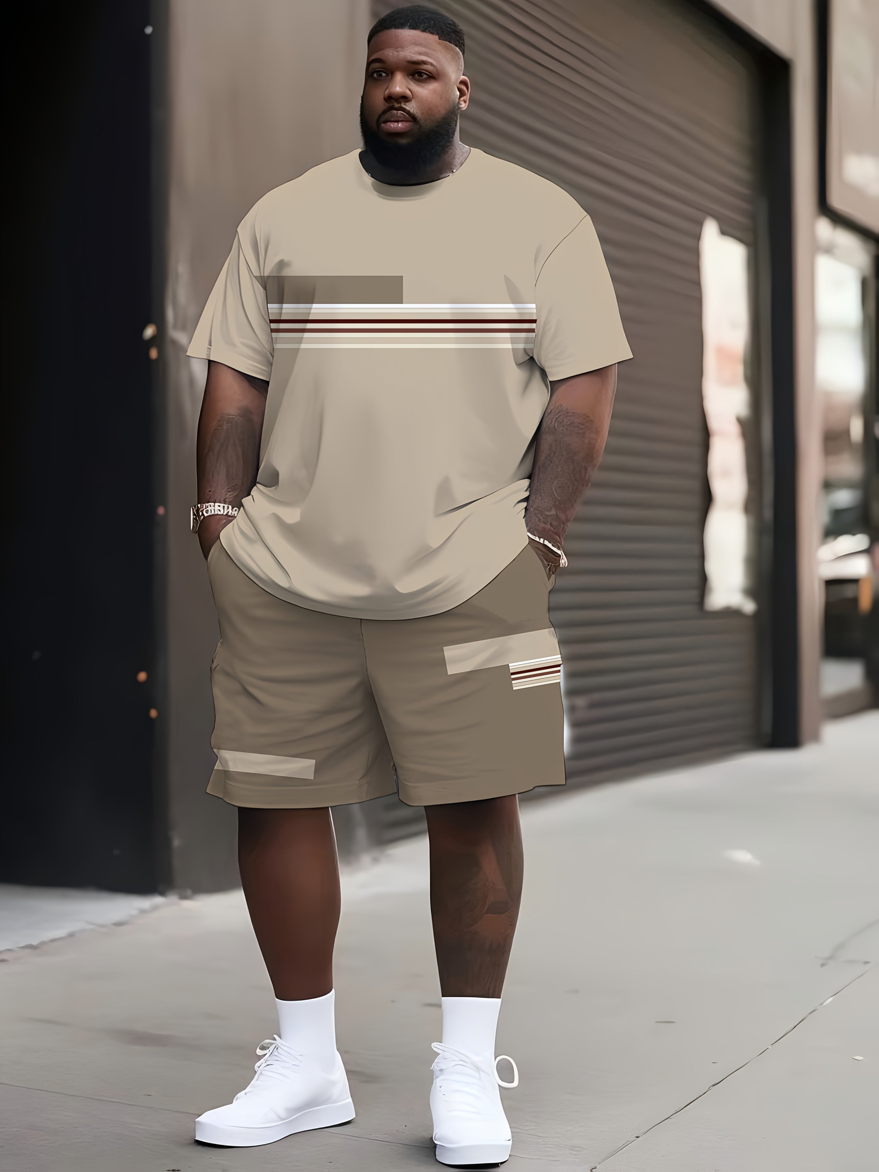 Plus Size Men's 3D Printed Short Sleeve T-Shirt and Fashion Shorts Set