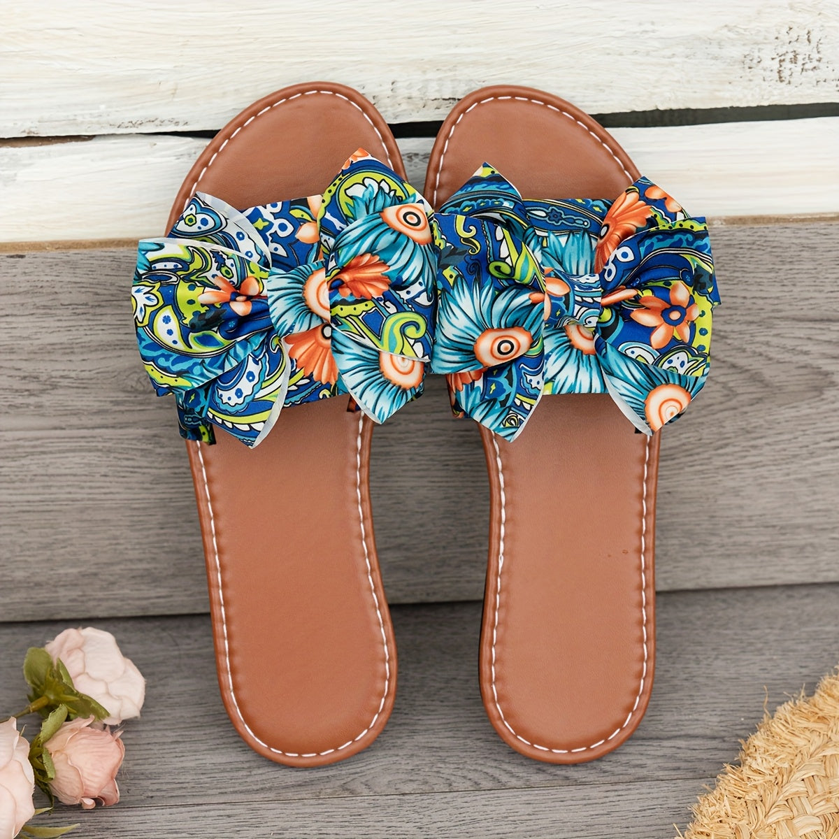Women Bohemian Floral Slide Sandals Vibrant Blue Orange Green Strappy