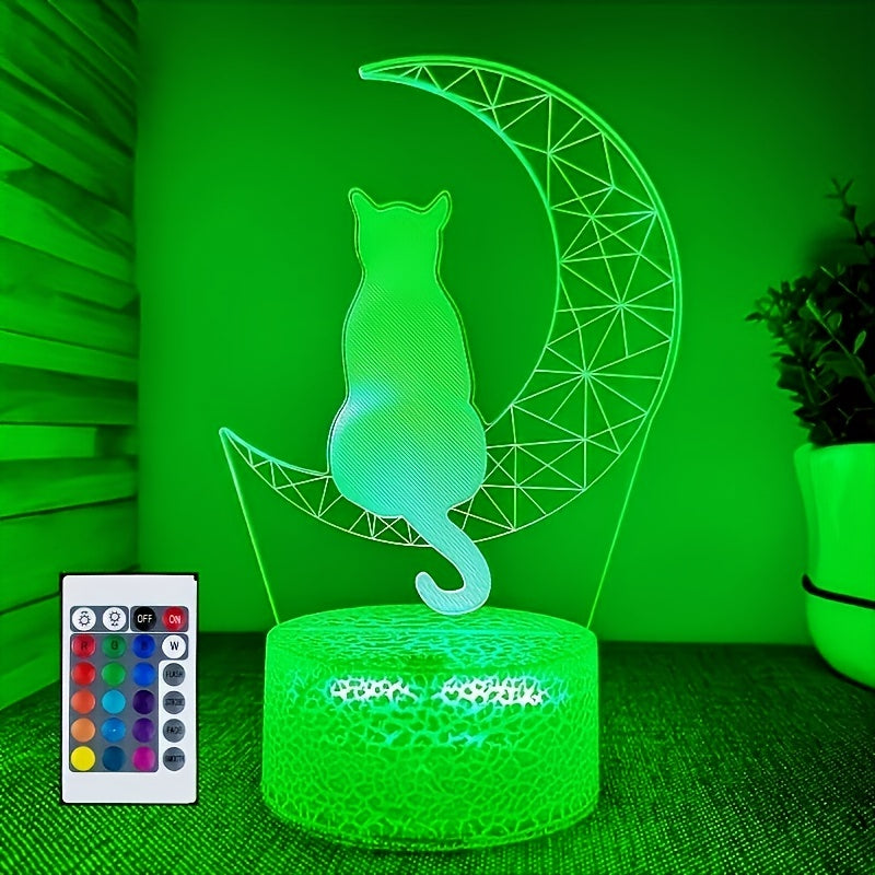 3D Moon Cat LED Night Light with 16 Colors Touch and Remote Control Warm White Base Gift