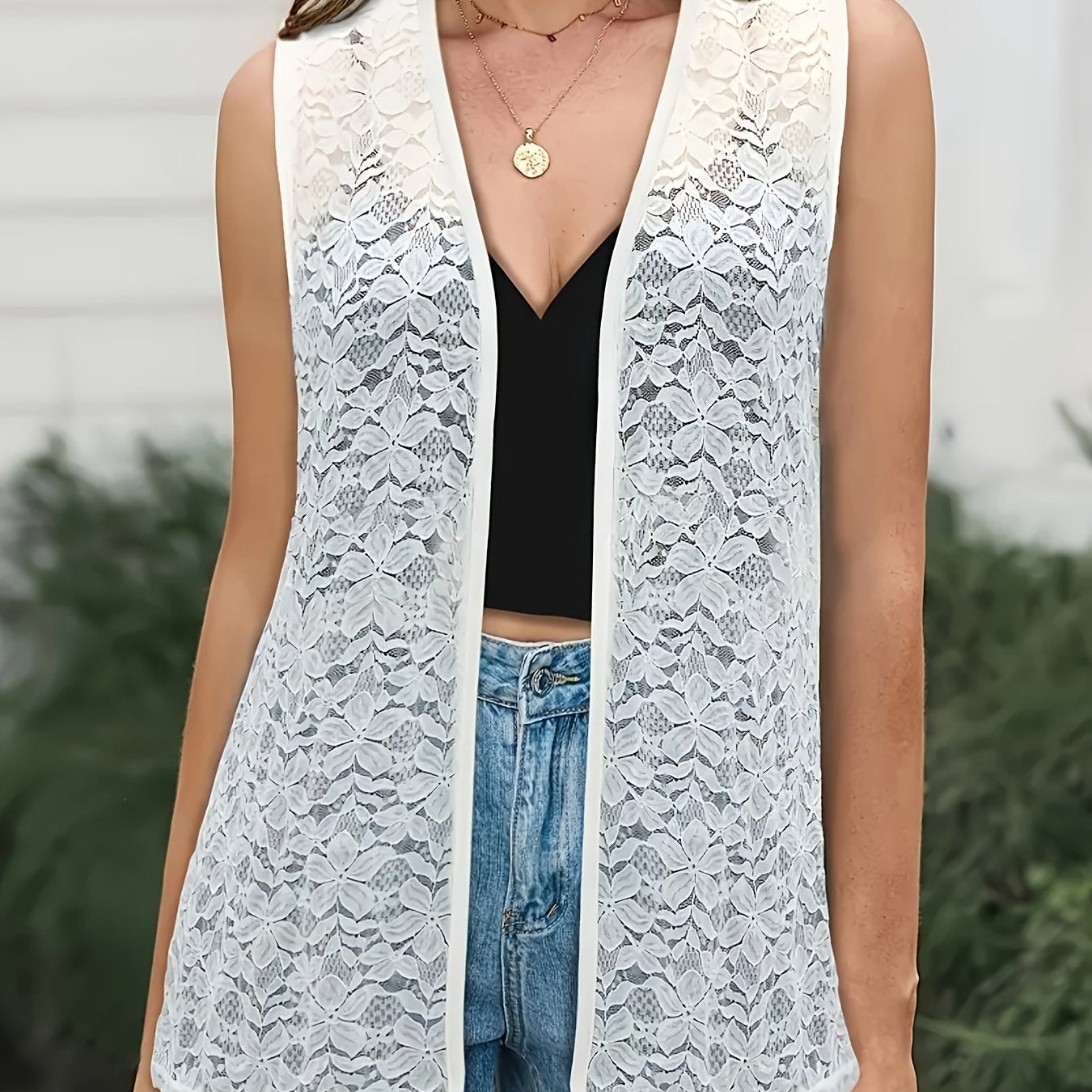 Plus Size Women's Sleeveless Cardigan Sheer Lace Burgundy Floral Open Front