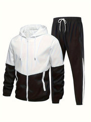 Men's Spring Fall Casual Sports Suit with Hooded Jacket and Pants Set