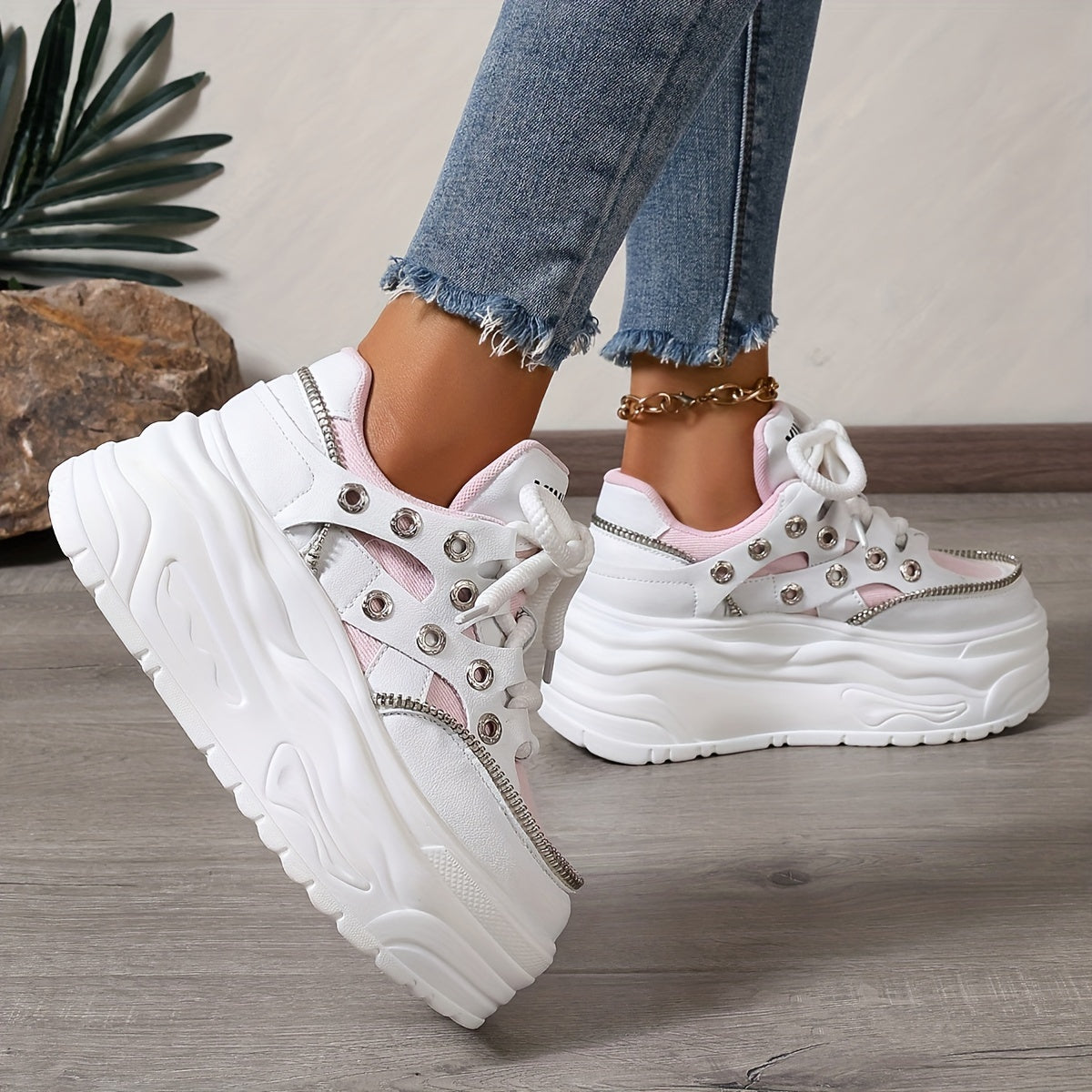 Women's Chunky Platform Sneakers Mid Top EVA Lace-Up Fashion Shoes
