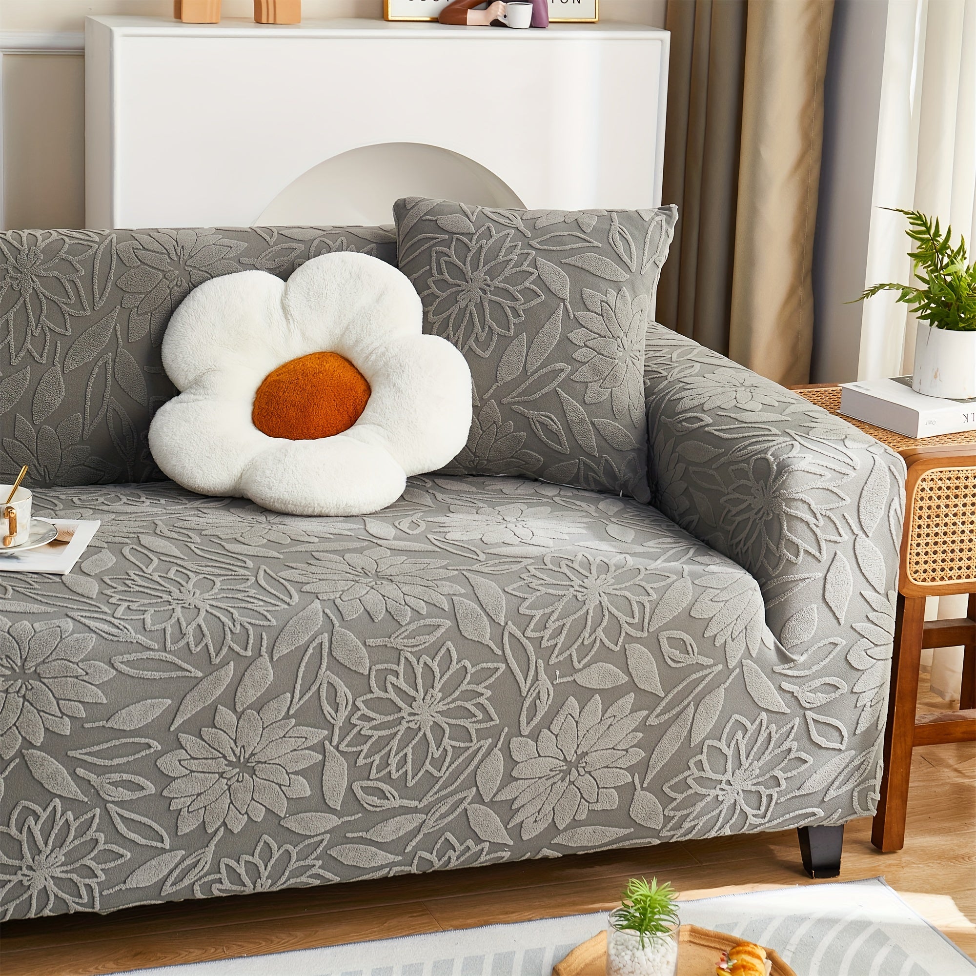 Camellia Jacquard Sofa Cover with Elastic Band and Matching Pillowcase Fits All Sizes Machine Washable