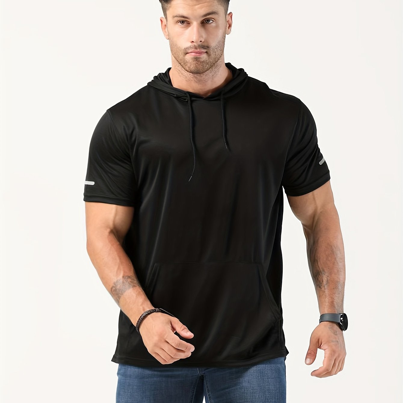 Plus-Size Men's Quick-Drying Hooded Sports T-Shirt Polyester Short Sleeve Casual