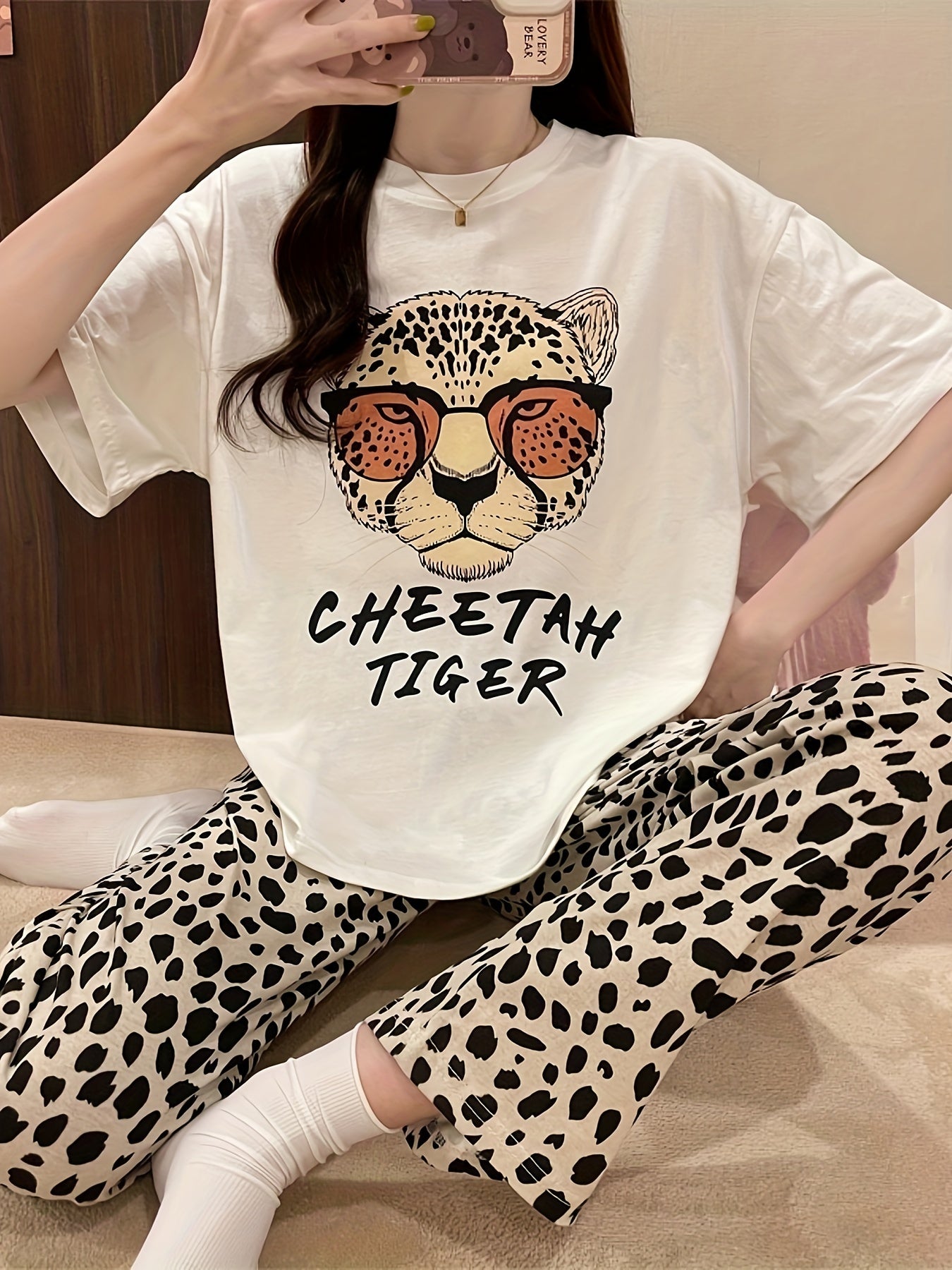 Women’s Leopard Print Pajama Set with Letter Print Short Sleeve Top and Long Pants