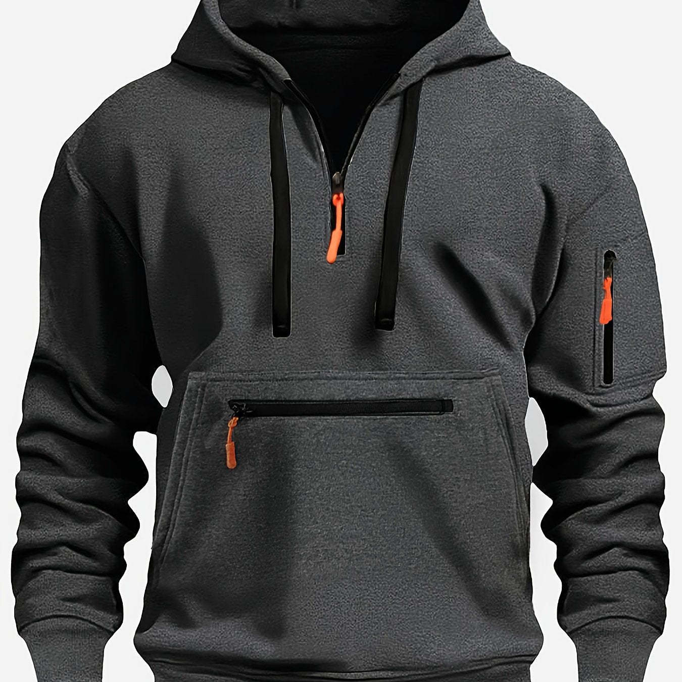 Men's Plus Size Casual Polyester Hoodie with Zipper Pockets and Drawstring Hood