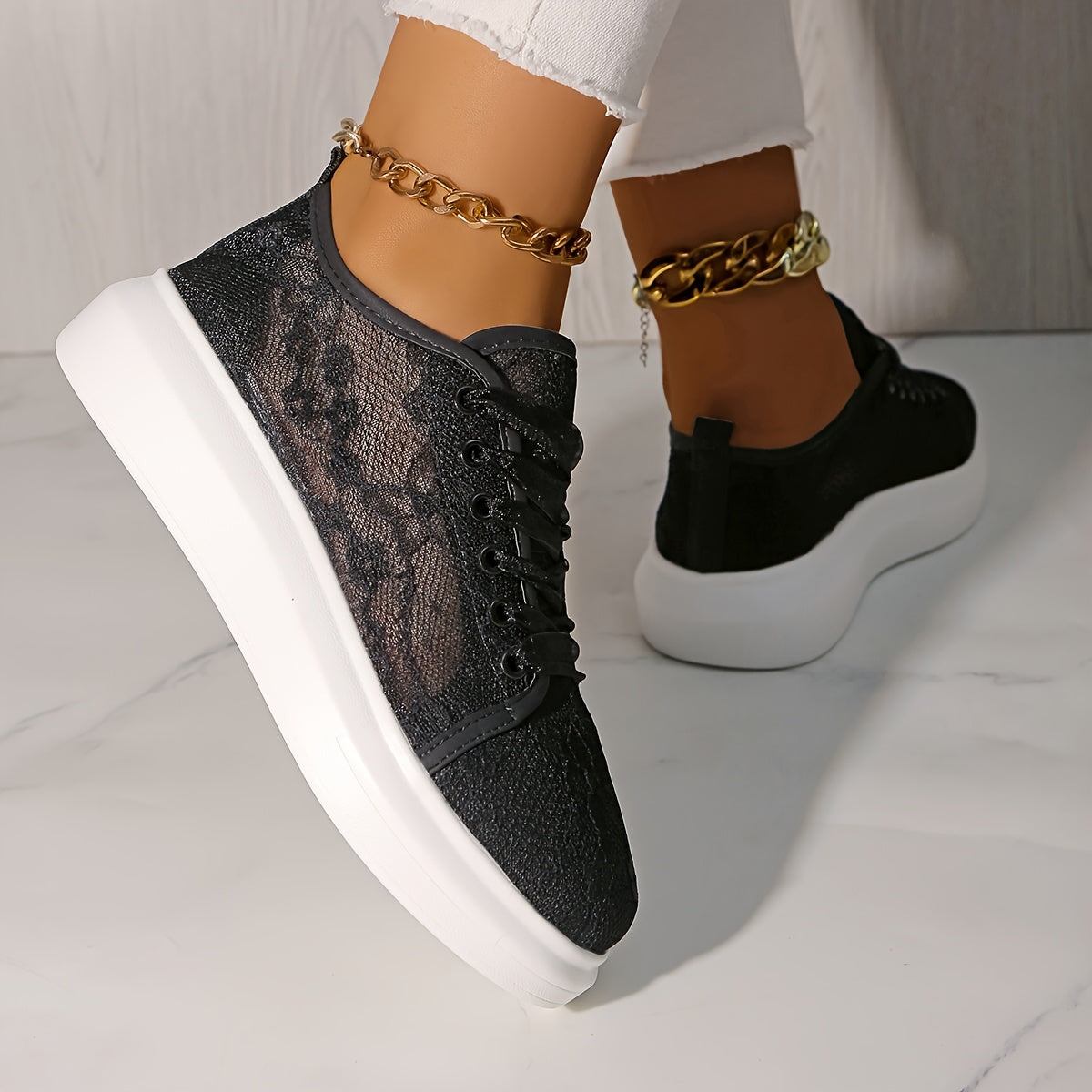 Women's White Floral Lace Mesh Breathable Sneakers for Walking and Travel