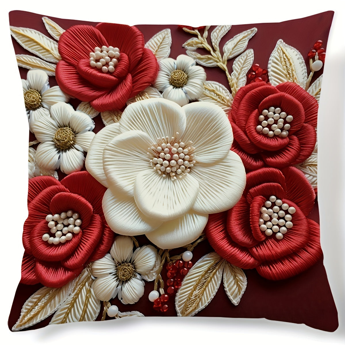3D Floral Print Plush Throw Pillow Cover Red White 44.96cm x 44.96cm Zip Closure
