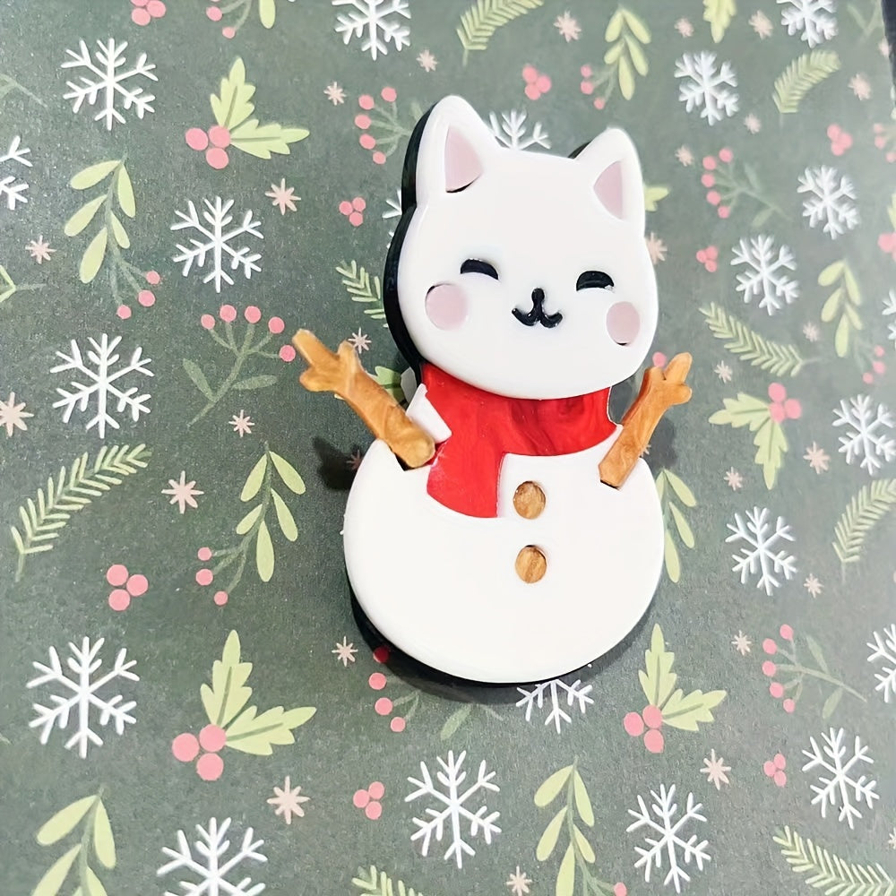 Irregularly Shaped Acrylic Snowman Cat Brooch Pin Whimsical Cartoon Lapel Accessory for Animal Lovers