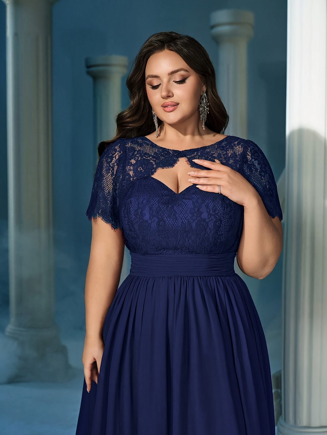 Vestido largo de noche de mujer talla grande con encaje, cintura alta, vestido formal