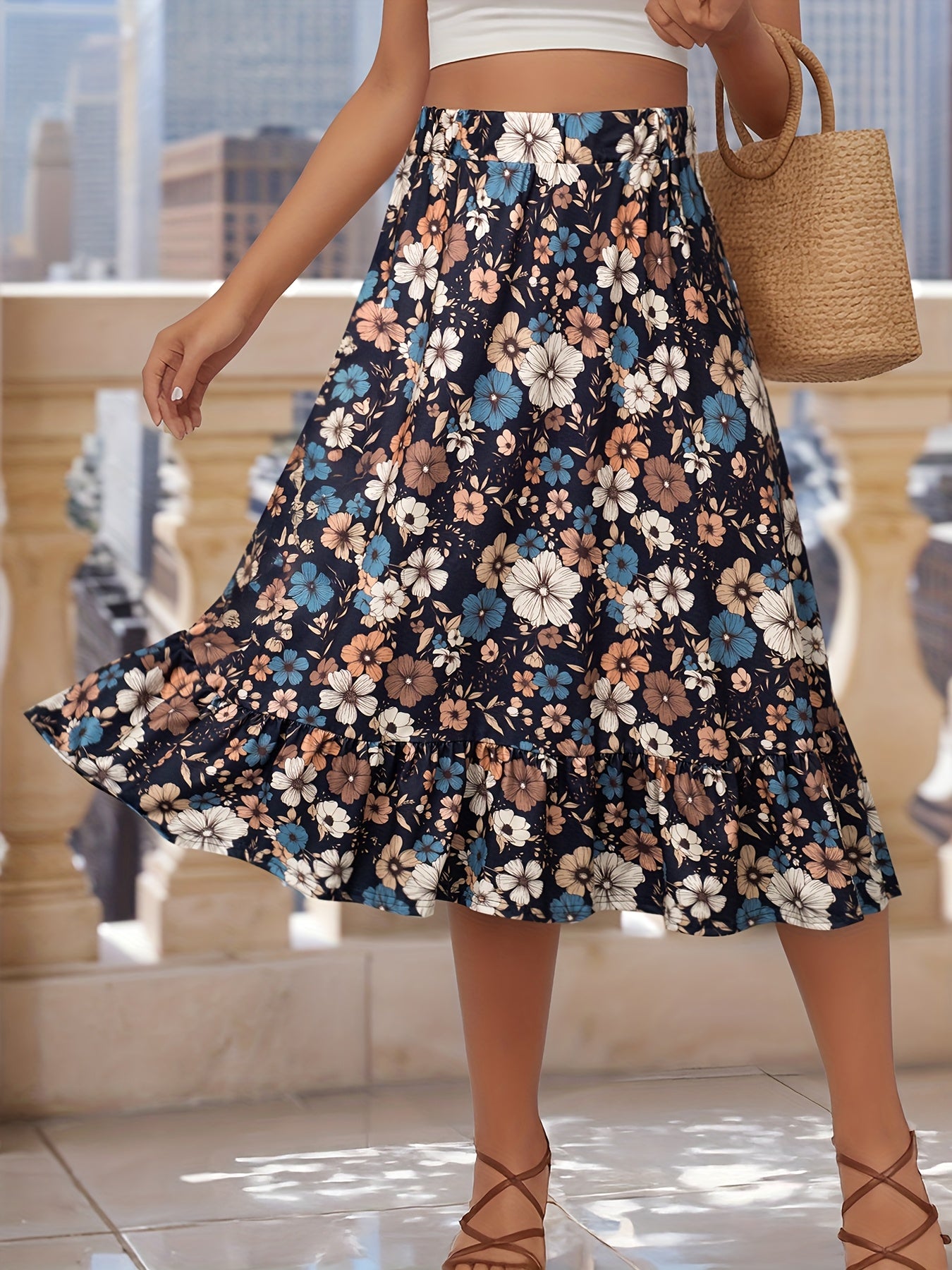 Women's Plus Size Floral Print A-Line Skirt Stretch Polyester Spring Summer Casual