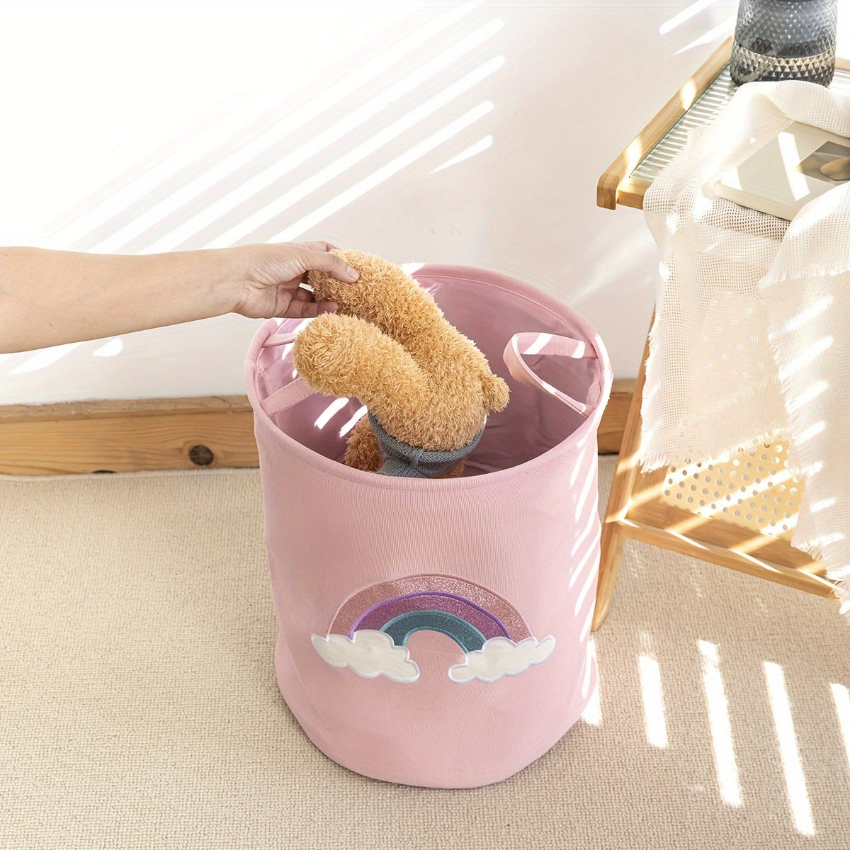Pink Round Laundry Basket with Nursery Fabric Storage Bin for Home Organization