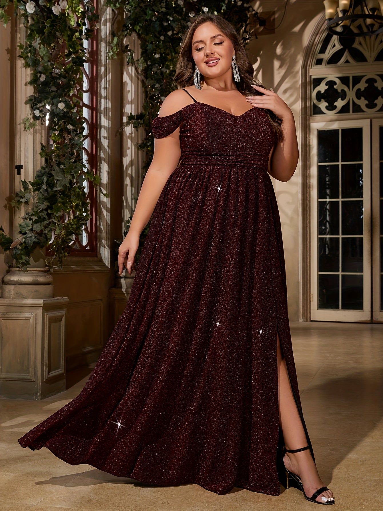 Plus Size Off-Shoulder Glittery Maroon Bridesmaid Dress Long Gown