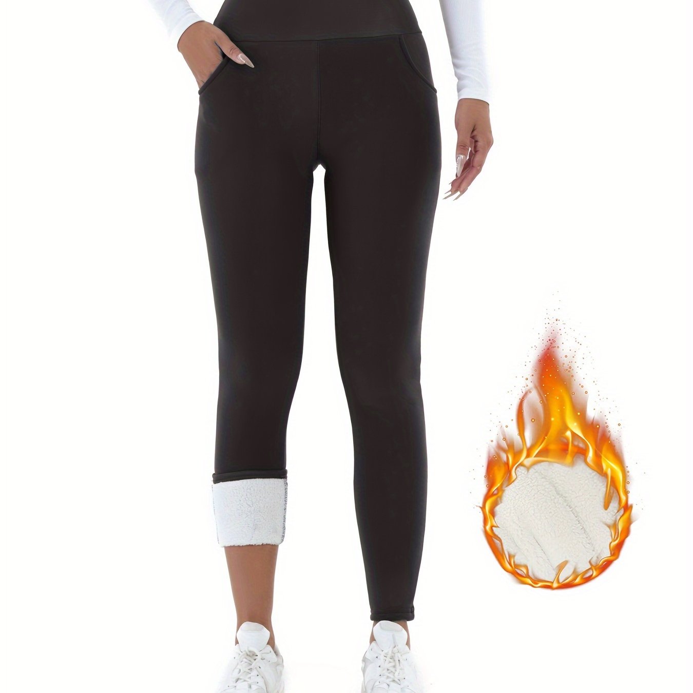 Women's Fleece-Lined High-Waist Leggings with Pockets for Fall and Winter