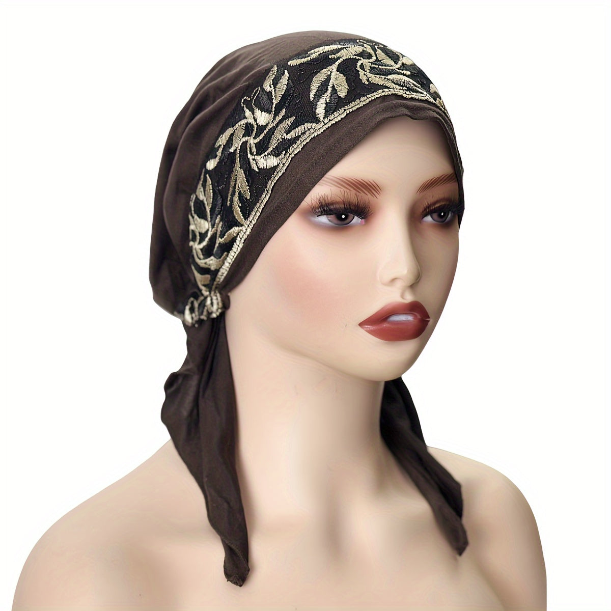 Black Elastic Chemo Hat with Embroidered Turban Design and Tails