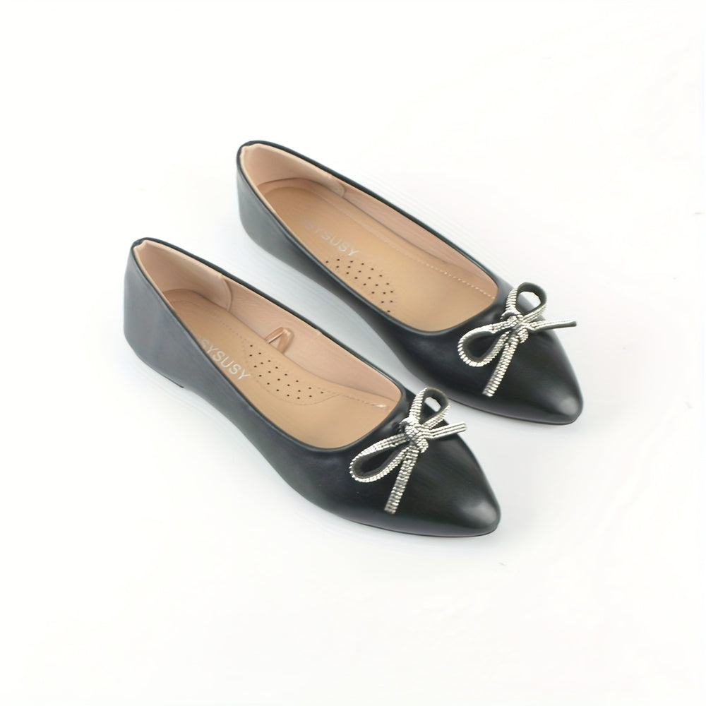 Women's Pointed Toe Slip-On Flats with Bow Casual Work Shoes Black White
