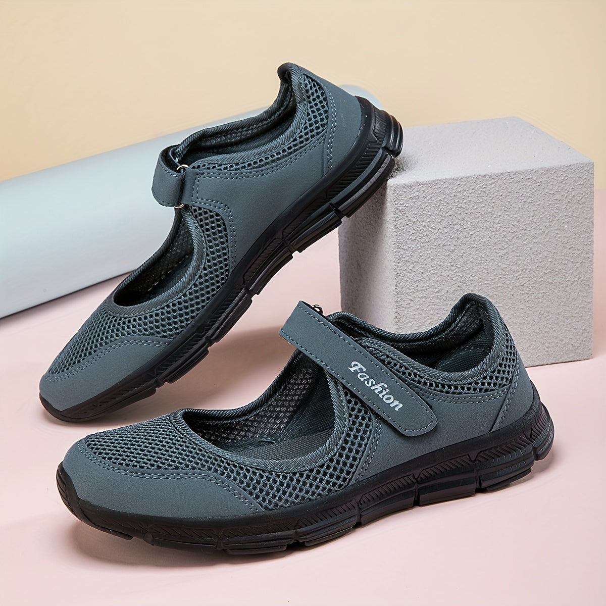 Zapatos planos de malla para verano para mujer - Mary Janes ligeros con correa en el tobillo negro