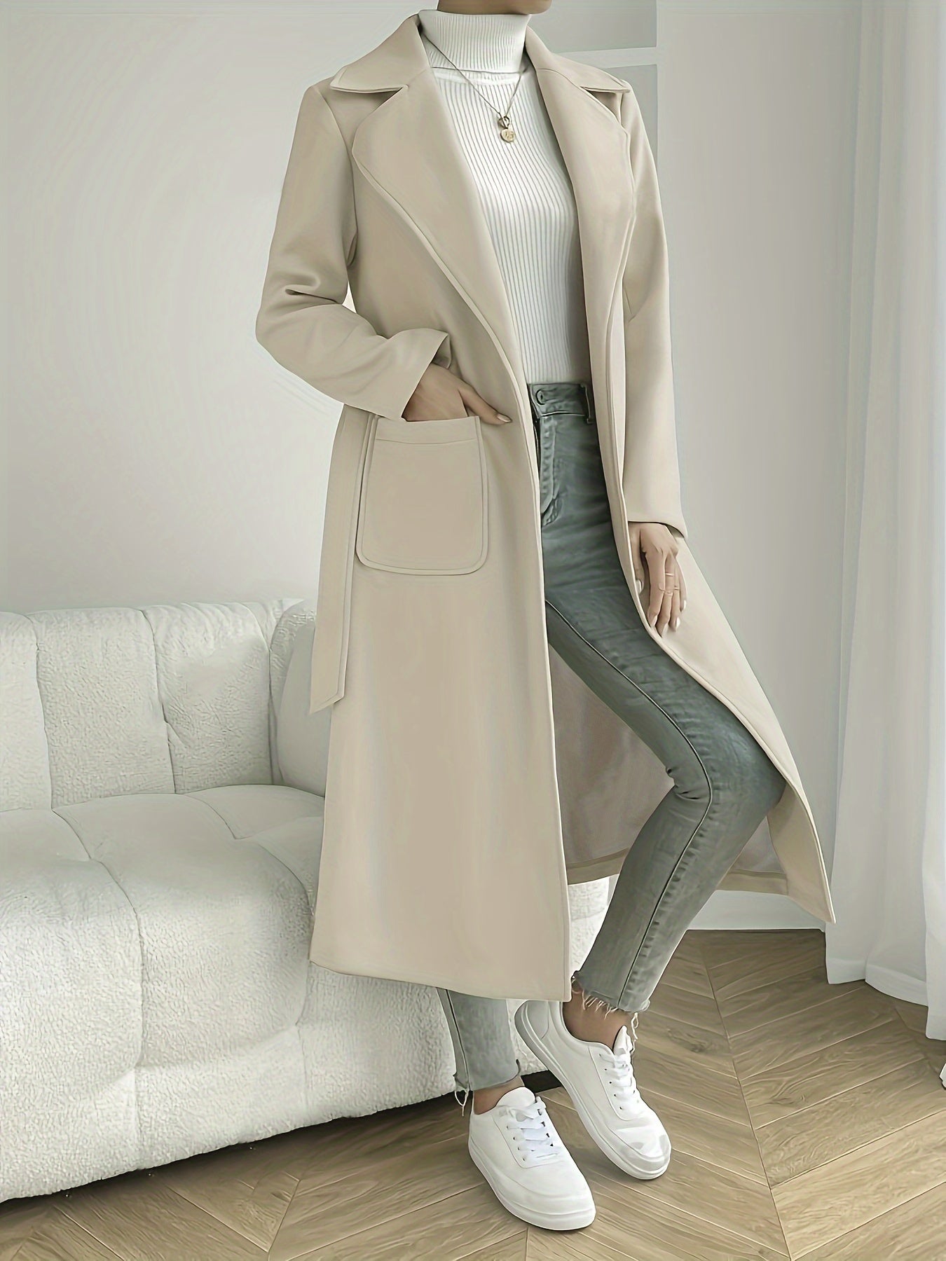 Women's Solid Color Wool Blend Overcoat with Belt Long Sleeve Fall Winter Outerwear