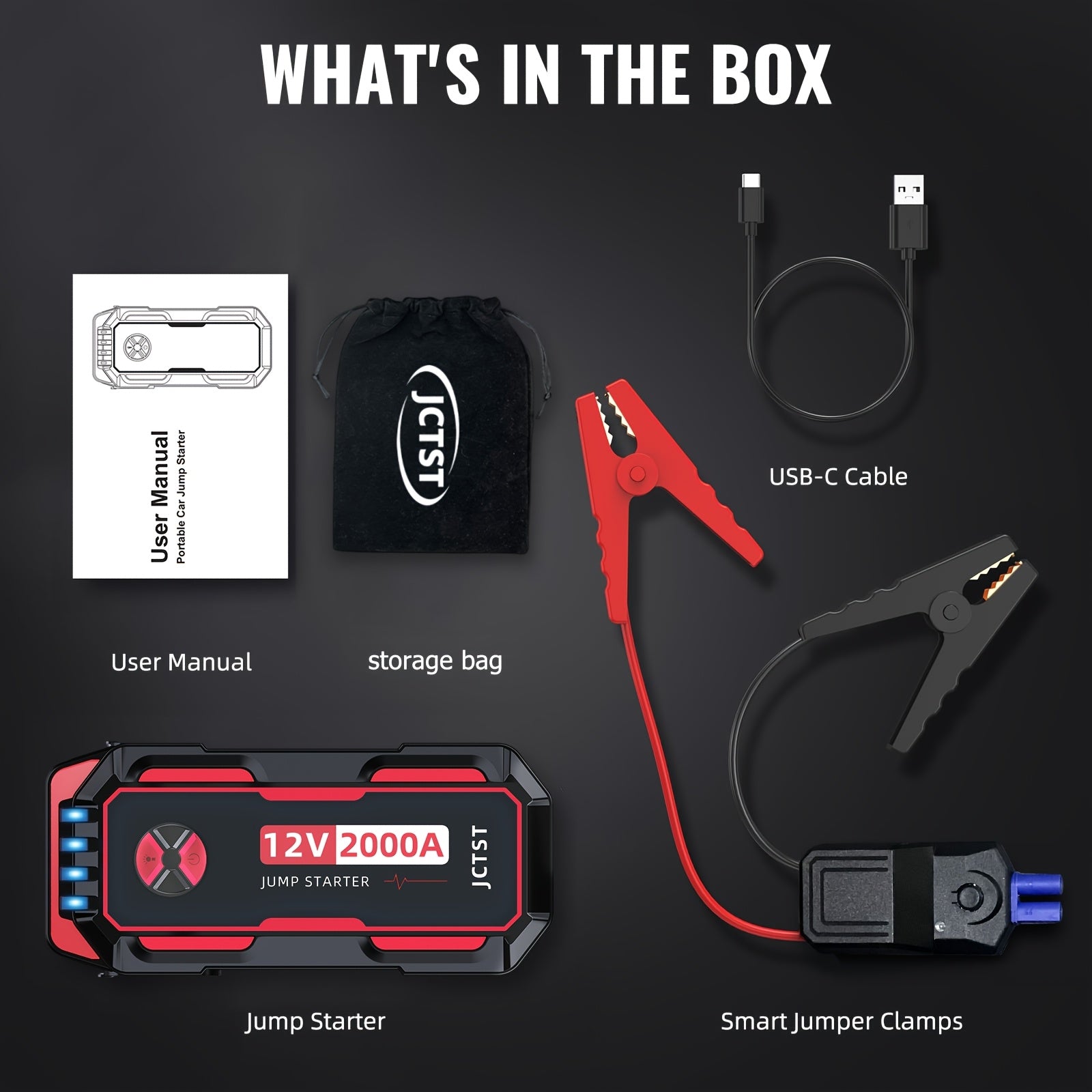 Portable Car Jump Starter 2000A Peak Lithium Battery with Safety Clamps