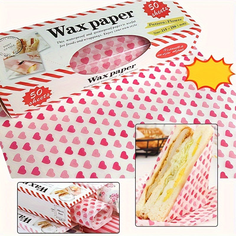 50 Pack Wax Paper Sheets Heart Pattern Greaseproof Waterproof Food Wrap