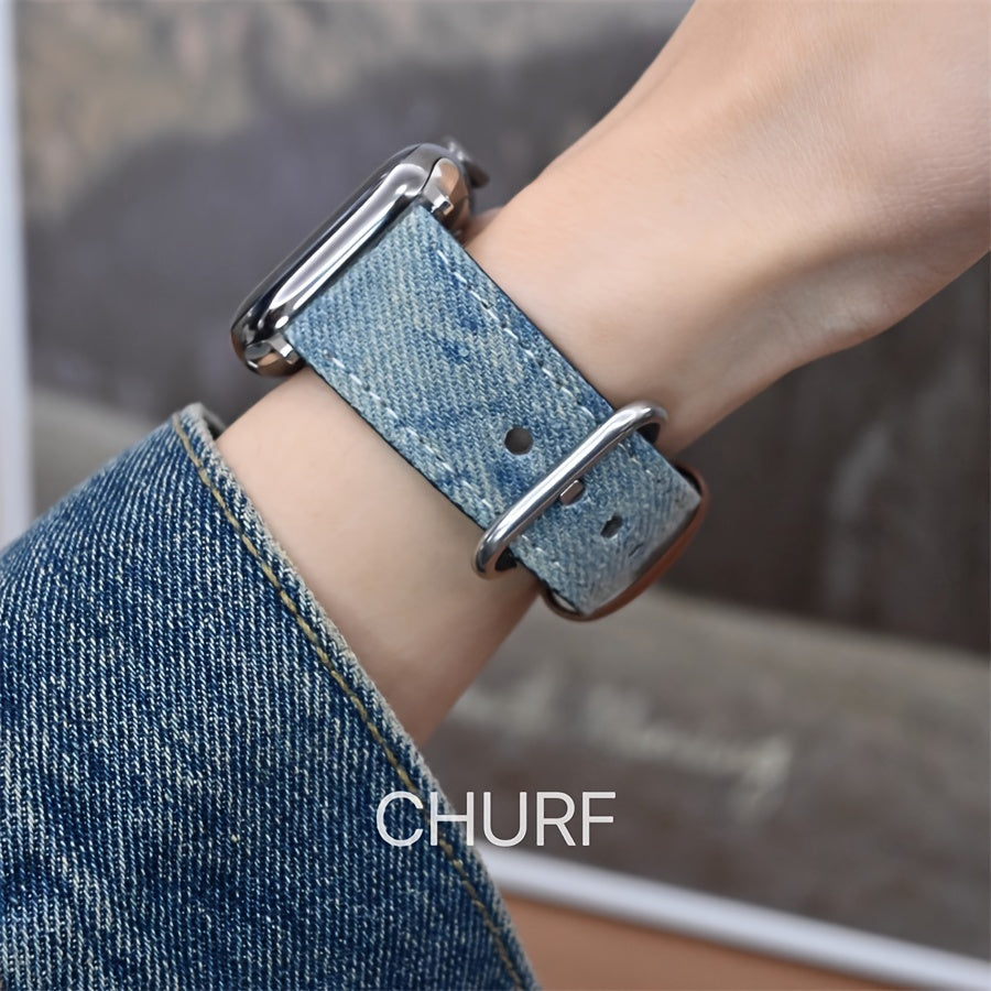 Denim va metalldan tayyorlangan Apple Watch tasmasi, kumush rangli qopqoq bilan, turli xil Apple Watch o'lchamlari va seriyalariga mos keladi, mustahkam va zamonaviy dizayn.