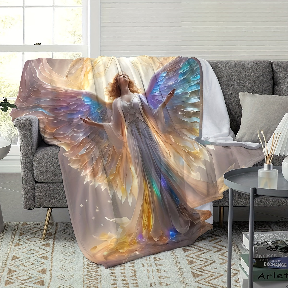 3D Printed Angel Flannel Blanket Soft Warm Polyester Vintage Knitted Throw for All Seasons