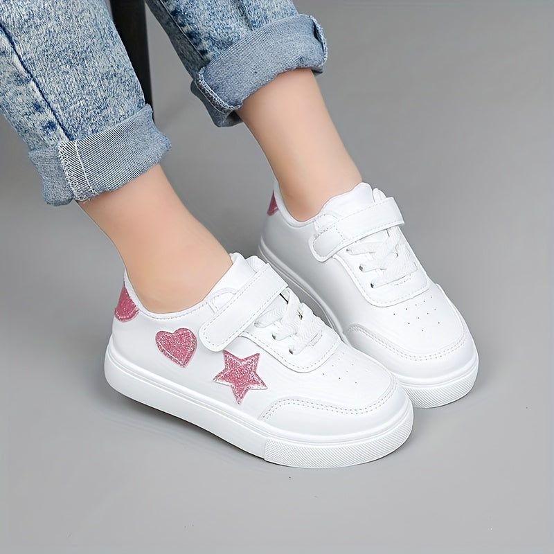Girls' Spring Sneakers with Heart and Star Designs White Casual Shoes for Kids