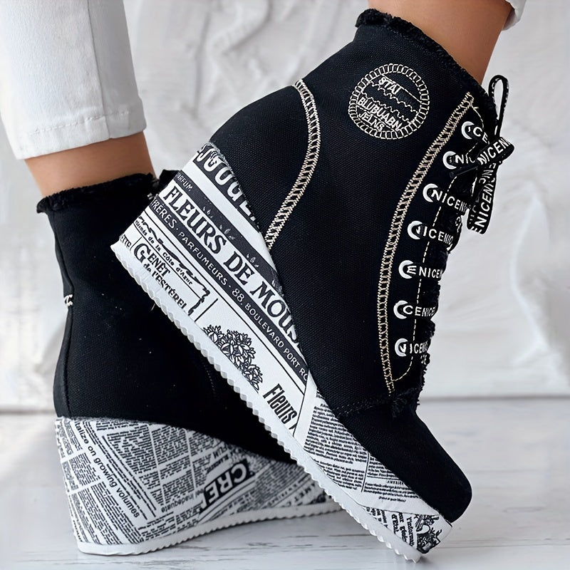 Women’s Solid Denim Lace-Up Platform Boots with Wedge Heel and Round Toe