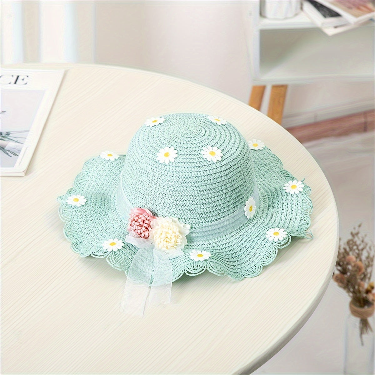 Teen Girls Straw Hat with Daisy Pattern and Matching Bag Summer Water-Resistant