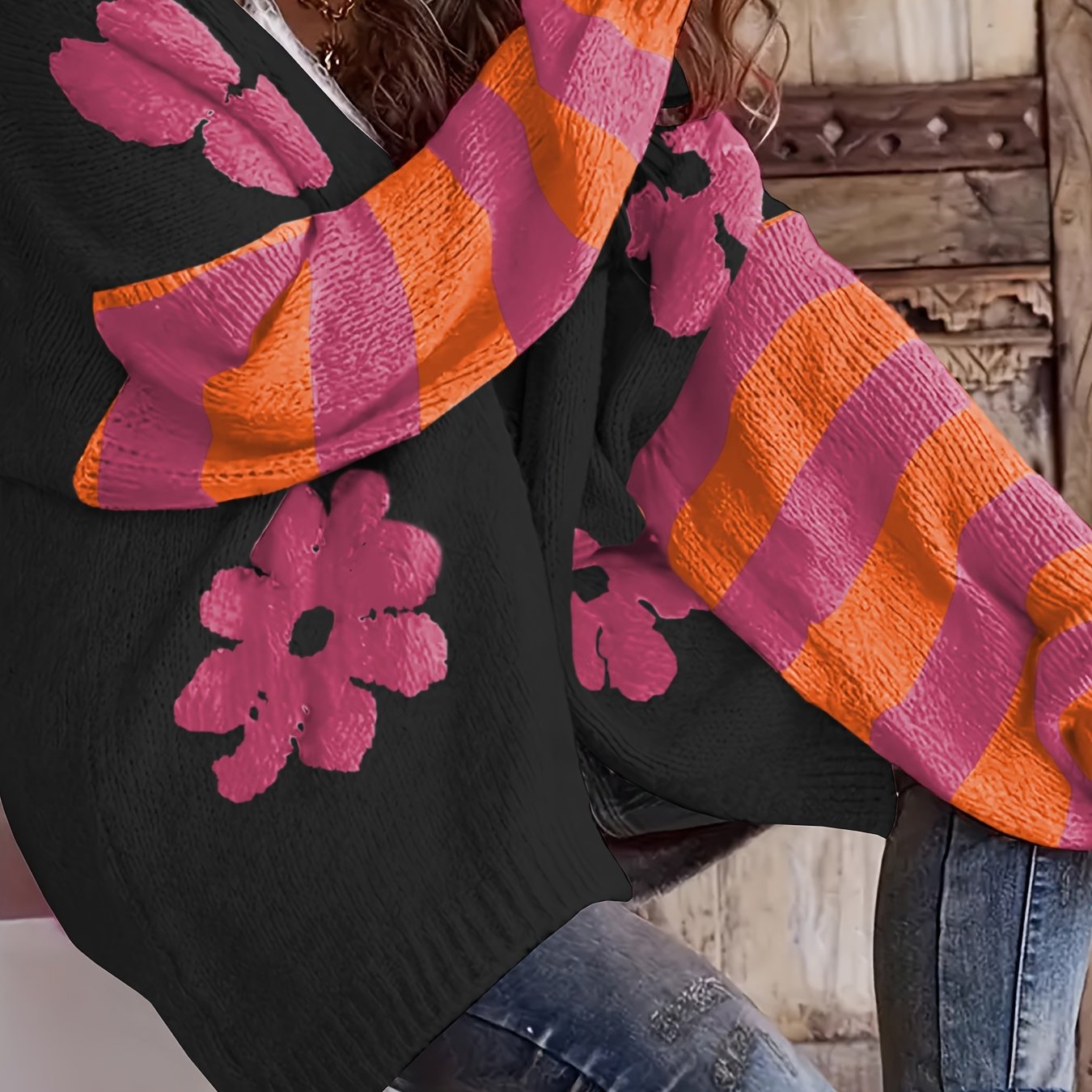 Suéter de talla grande, de corte holgado, con estampado floral, rayas y mangas largas