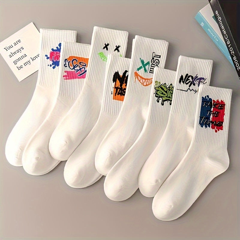 Set of 5 Black and White Graffiti Mid-Calf Sports Socks for Men and Women
