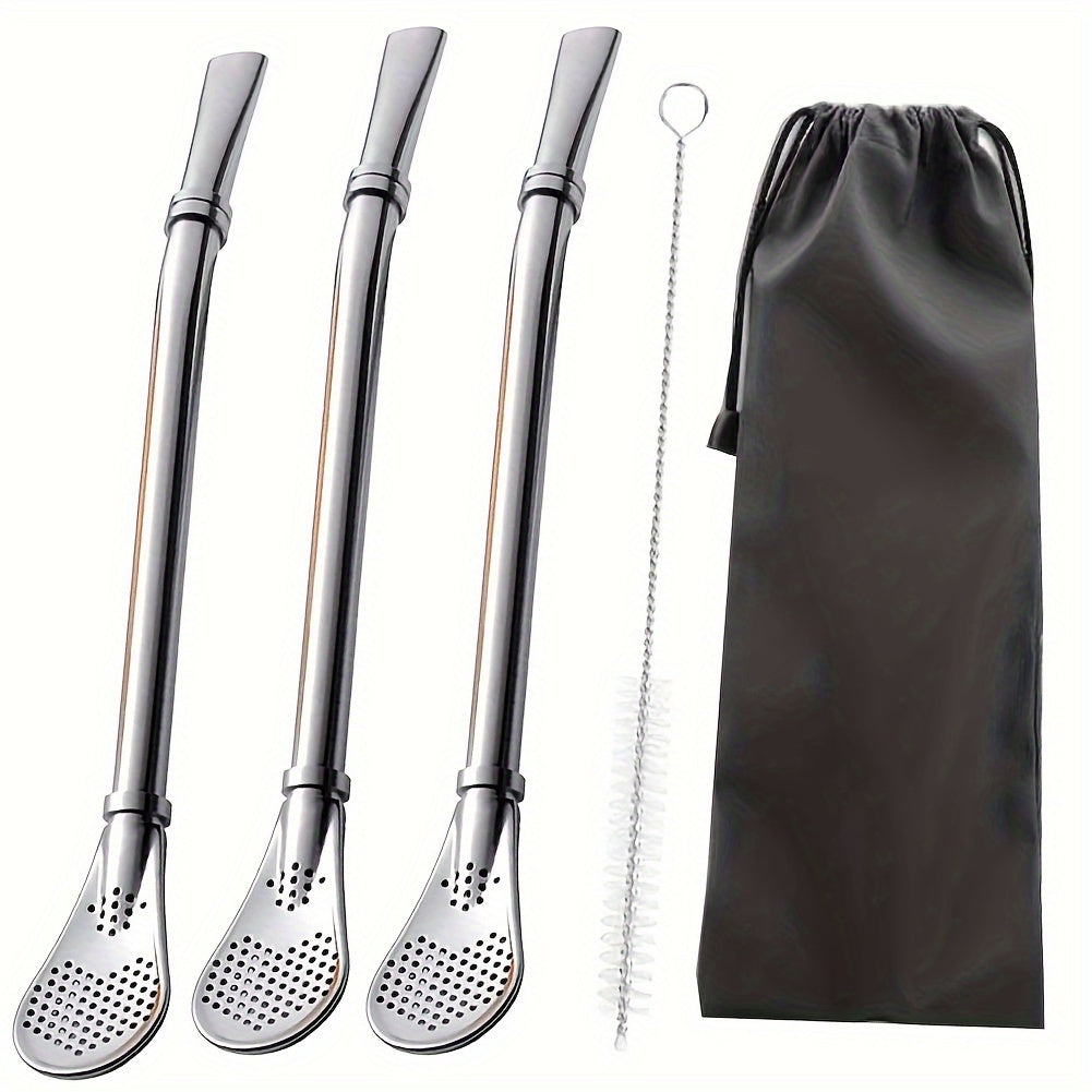 Set of 3 Reusable Colorful Yerba Mate Bombilla Straws Stainless Steel Bent Drinking Straws with Cleaning Brush